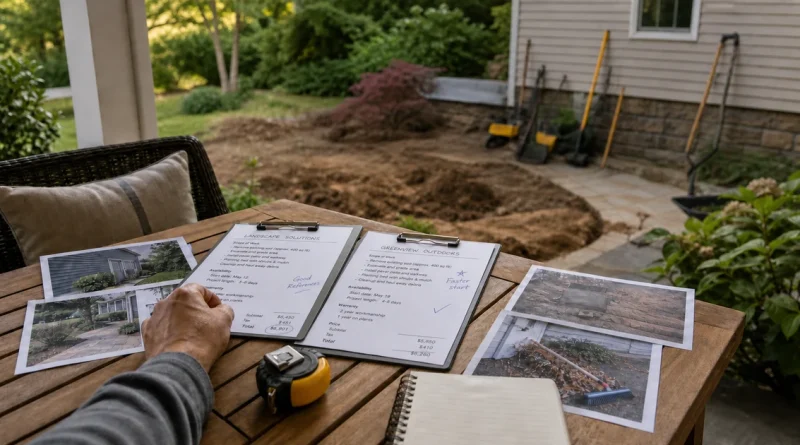 A customer comparing written landscaping estimates and project details