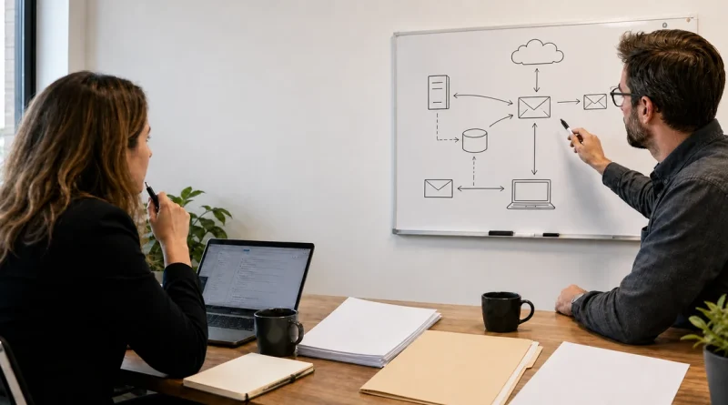 A consultant explaining a service process on a whiteboard to a client