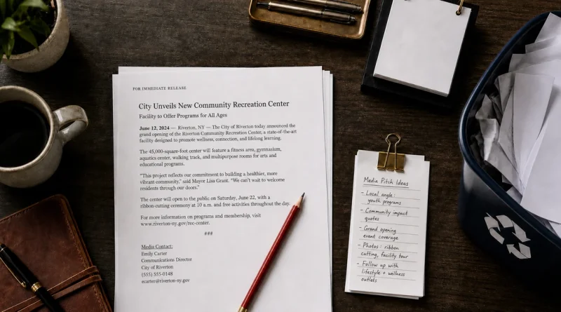 A press release draft and media pitch notes on a newsroom desk