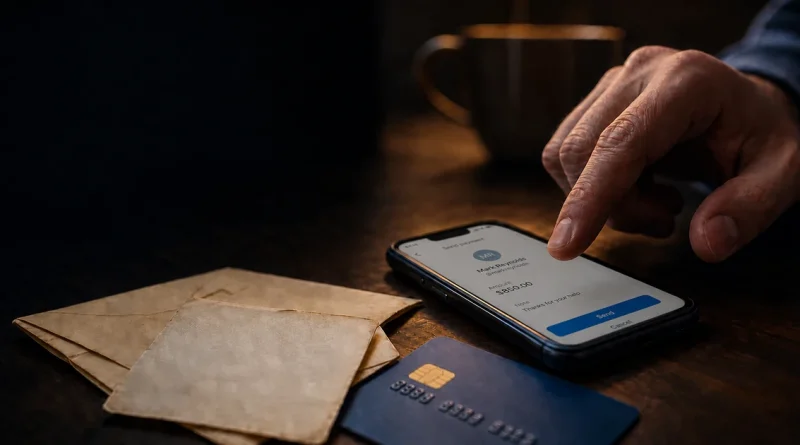 A person reviewing a payment request on a phone before sending money