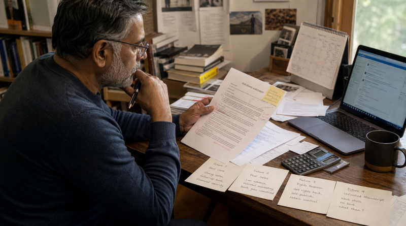 An author reviews a publishing agreement alongside notes about four possible outcomes