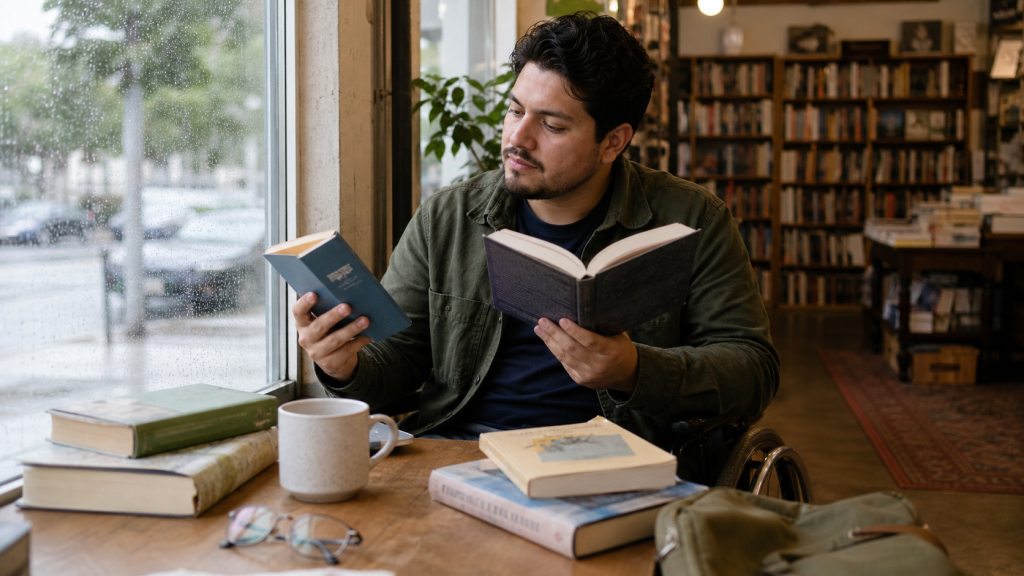 A bookstore customer compares two books for the purpose and time he has available