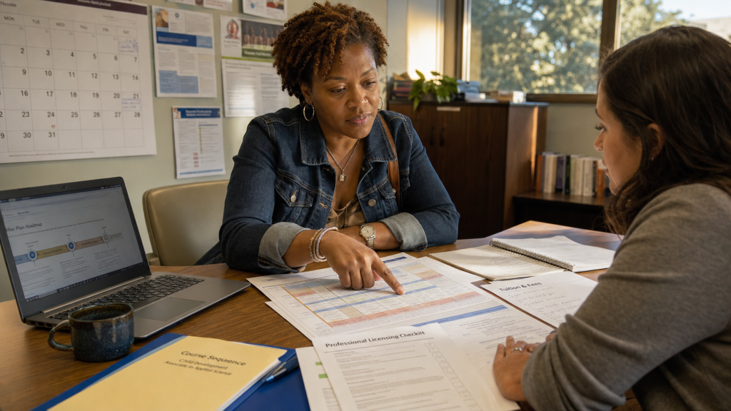 A prospective student and academic advisor compare a curriculum, tuition costs, and professional licensing requirements