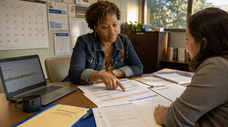 A prospective student and academic advisor compare a curriculum, tuition costs, and professional licensing requirements