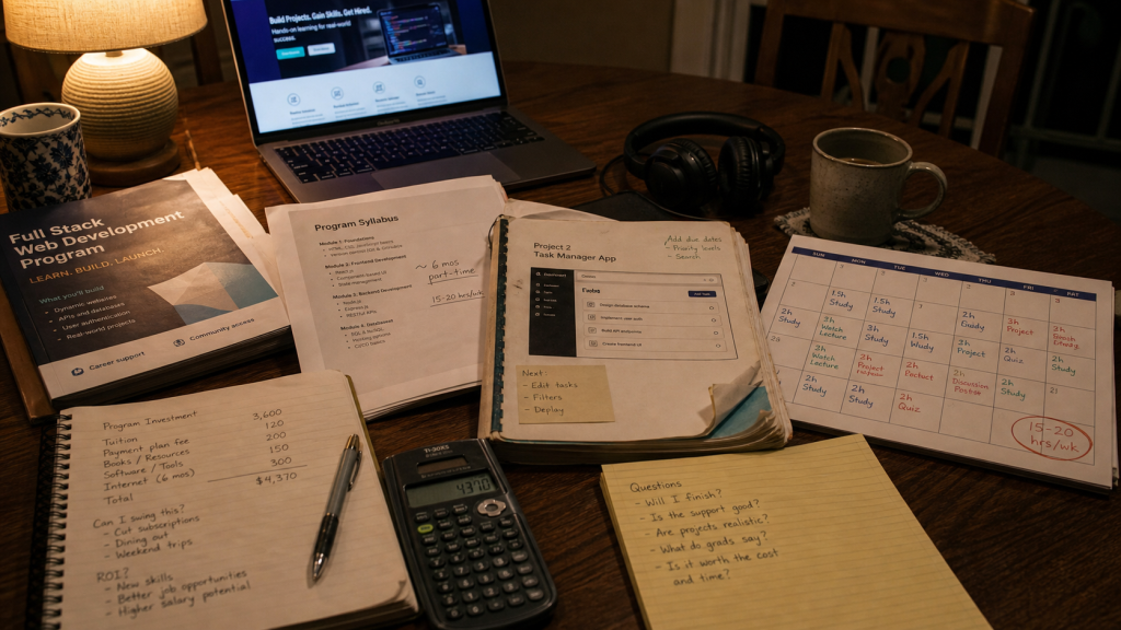 A table holds a syllabus, practical project, schedule, calculator, and complete program cost notes