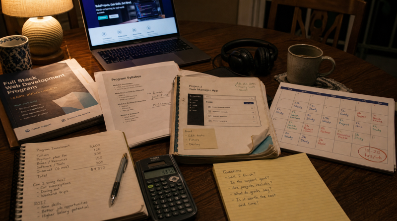 A table holds a syllabus, practical project, schedule, calculator, and complete program cost notes