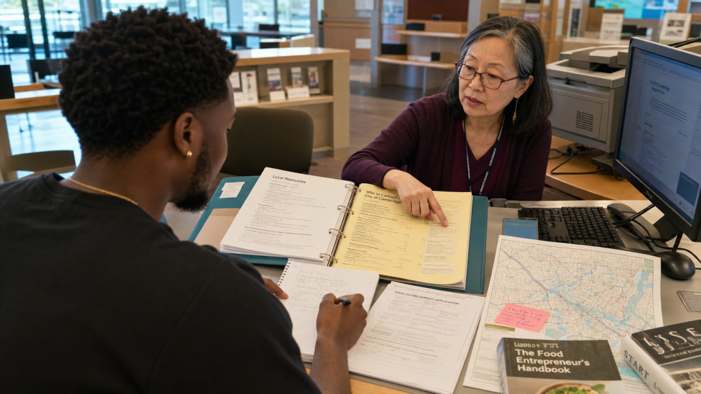 A librarian helps a food entrepreneur route a licensing question through local and official resources