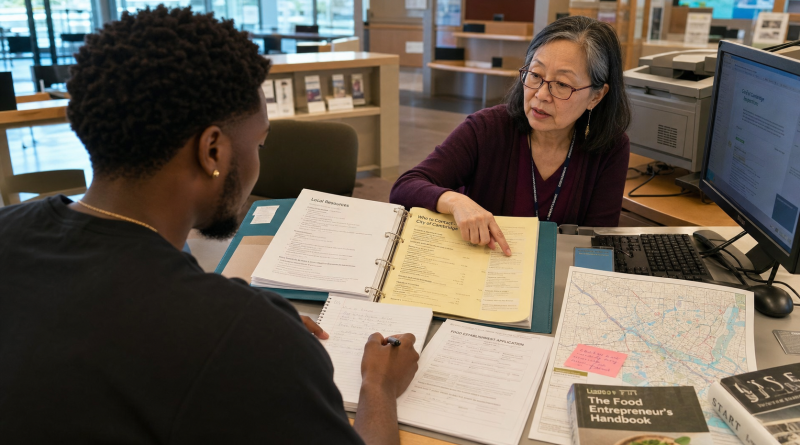 A librarian helps a food entrepreneur route a licensing question through local and official resources