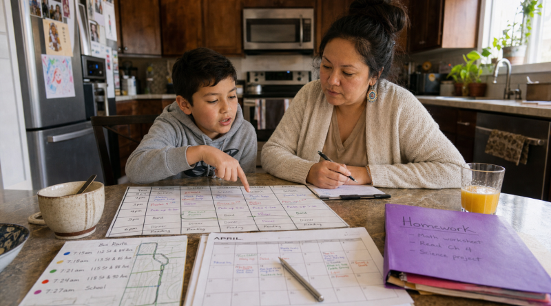 A mother and son review school, bus, homework, and family schedules at the kitchen table