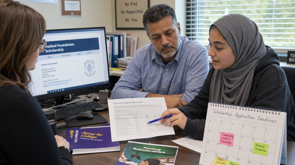 A student compares official scholarship contact details with eligibility requirements and deadlines