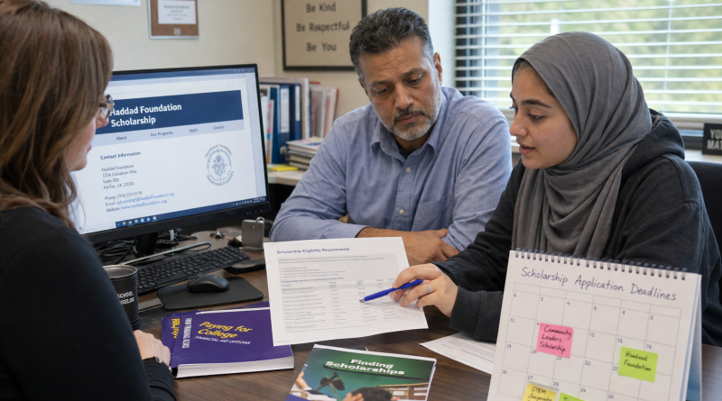 A student compares official scholarship contact details with eligibility requirements and deadlines