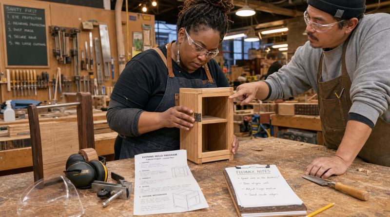 An adult learner tests her woodworking project while an instructor gives specific feedback