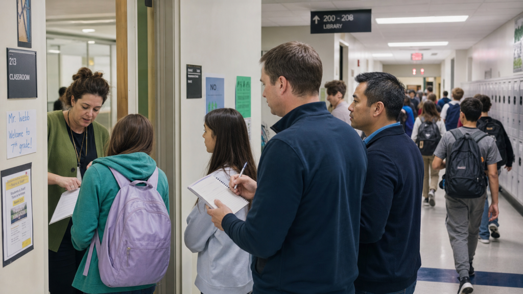 A family observes student movement and staff support during a busy middle-school class change