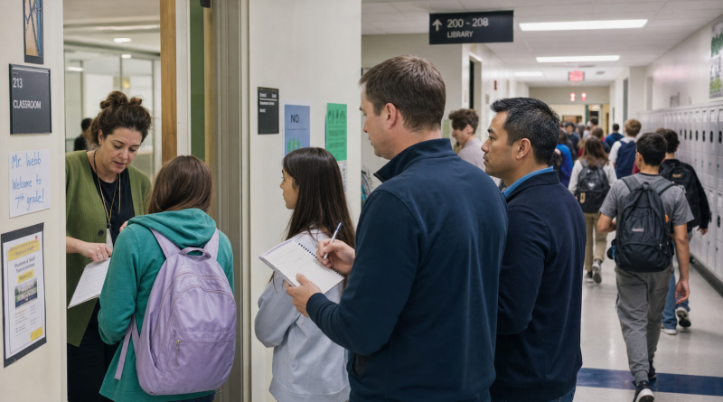 A family observes student movement and staff support during a busy middle-school class change