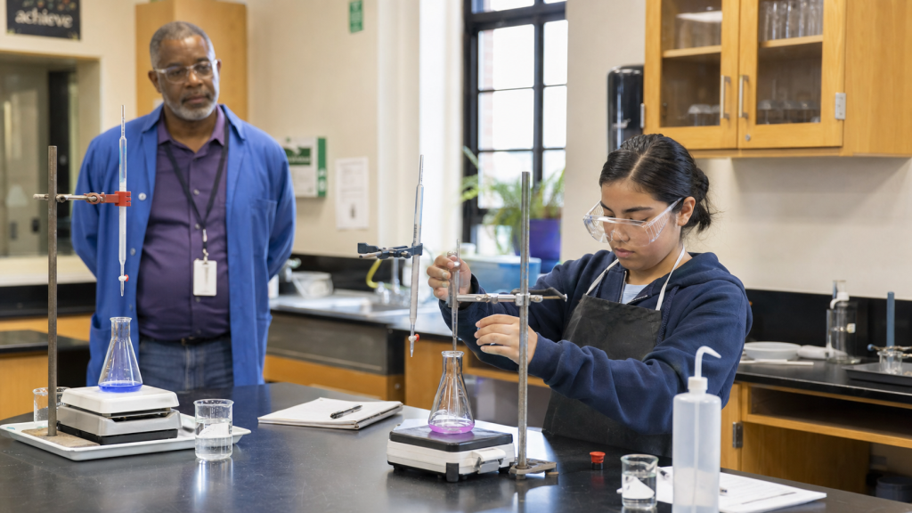 A student completes a science experiment independently while her teacher observes from several feet away