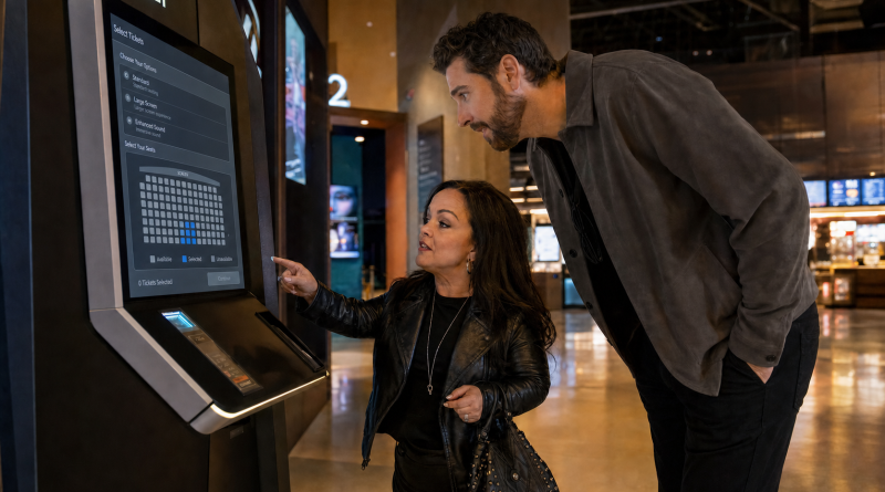 Two moviegoers compare screen, sound, and seat options at a cinema ticket kiosk