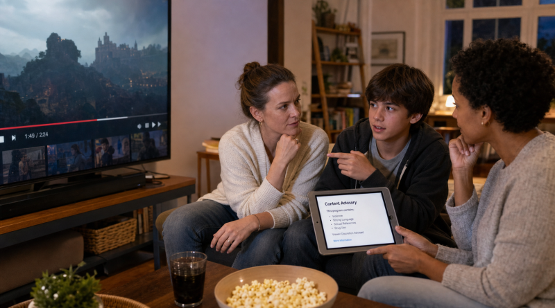 A teenager and his mothers discuss a program advisory before deciding whether to watch