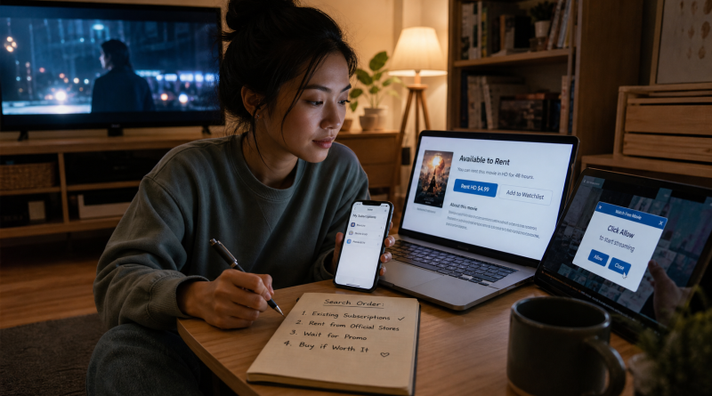 A viewer checks existing subscriptions and an official rental option while closing a suspicious streaming pop-up