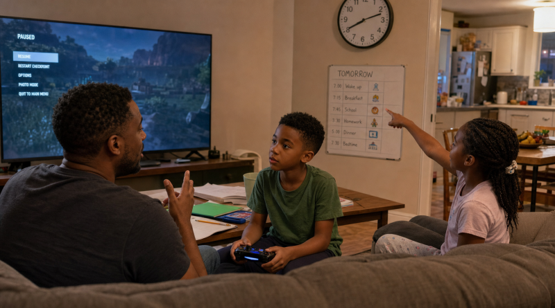 A family discusses a stopping point for a paused video game before homework, dinner, and bedtime