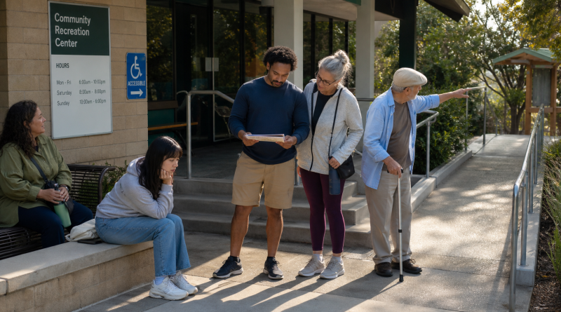 A multigenerational group checks cost, seating, energy, and the accessible entrance at a recreation center