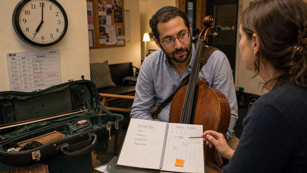 An adult cello student and teacher compare lesson expectations with a weekly schedule