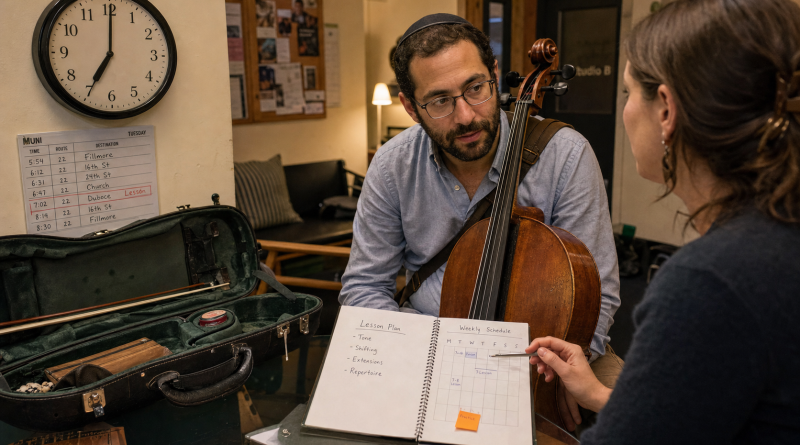 An adult cello student and teacher compare lesson expectations with a weekly schedule
