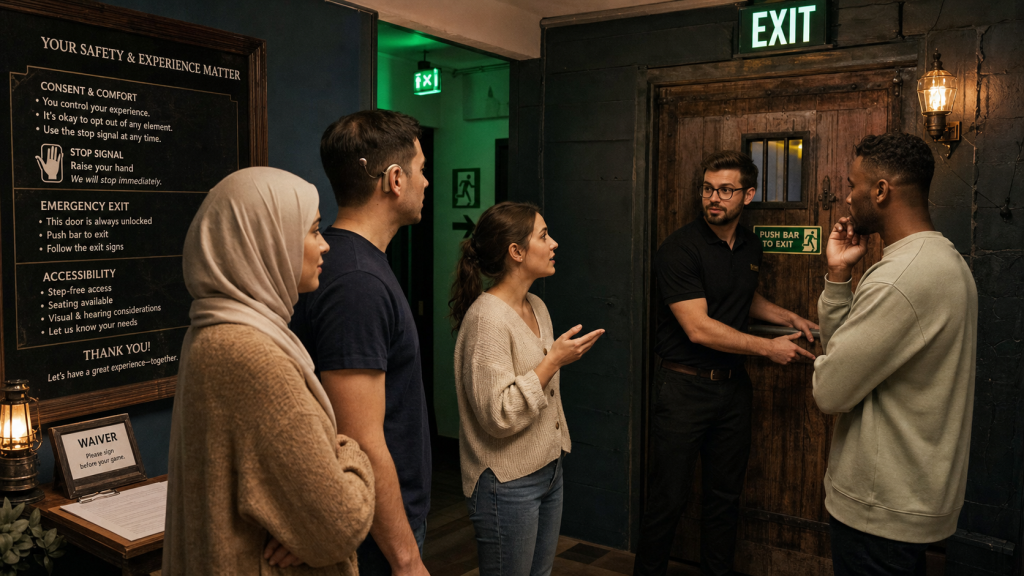 An escape-room host demonstrates the stop signal, unlocked exit, and accessibility information before play