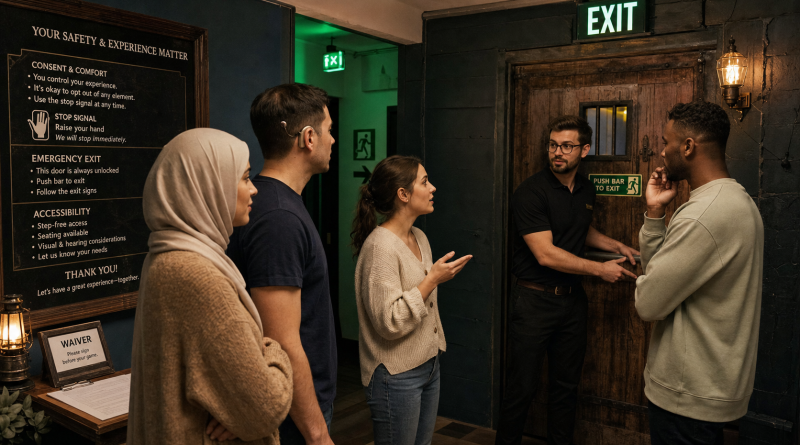 An escape-room host demonstrates the stop signal, unlocked exit, and accessibility information before play