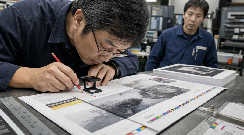 A designer uses a loupe and red pencil to inspect alignment, color, and folding on a production proof
