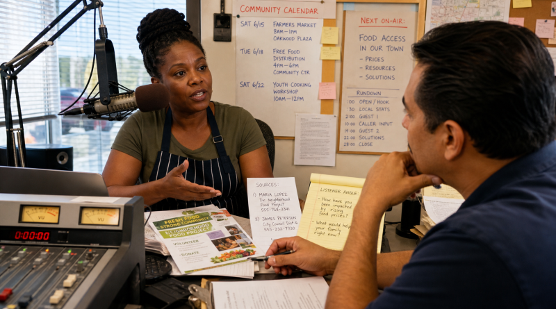 A local business owner and radio producer develop a food-access story from community facts and sources
