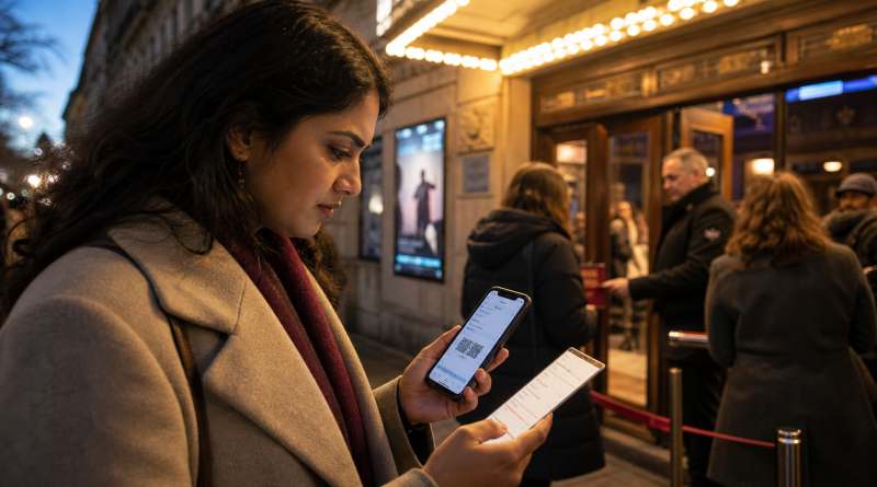 Woman verifies a transferred theater ticket before entering the venue