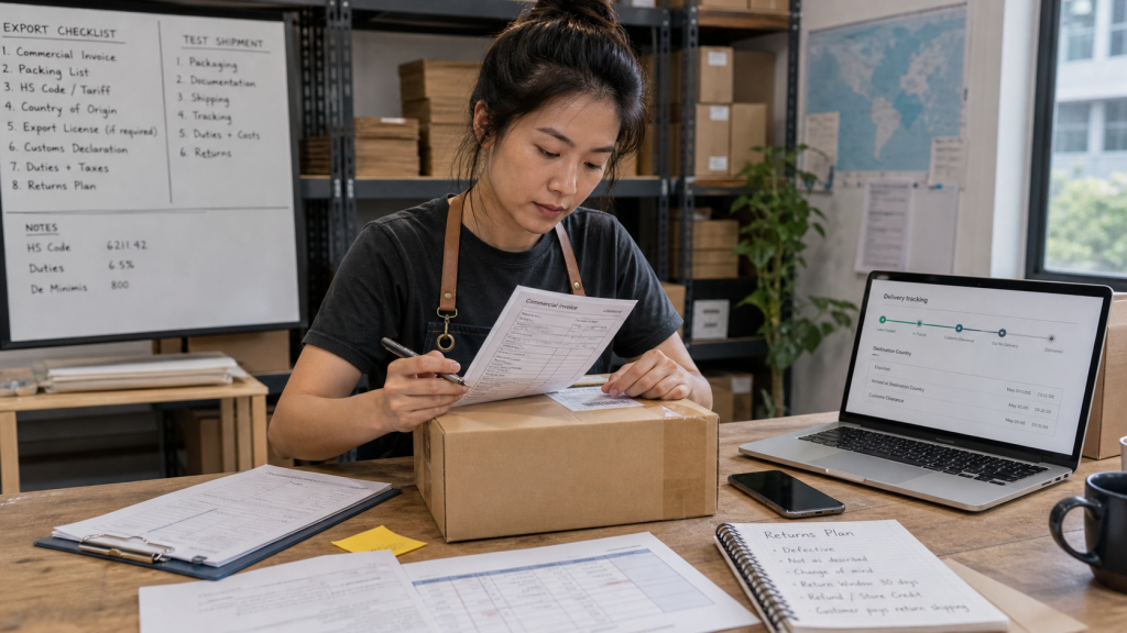 Small business owner prepares one trial international shipment