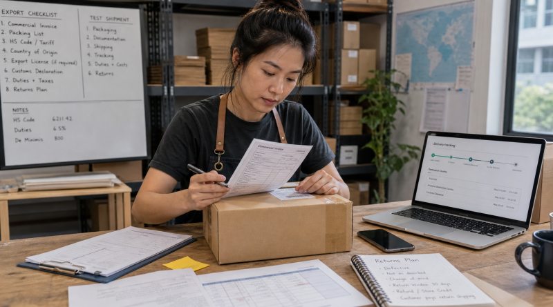 Small business owner prepares one trial international shipment