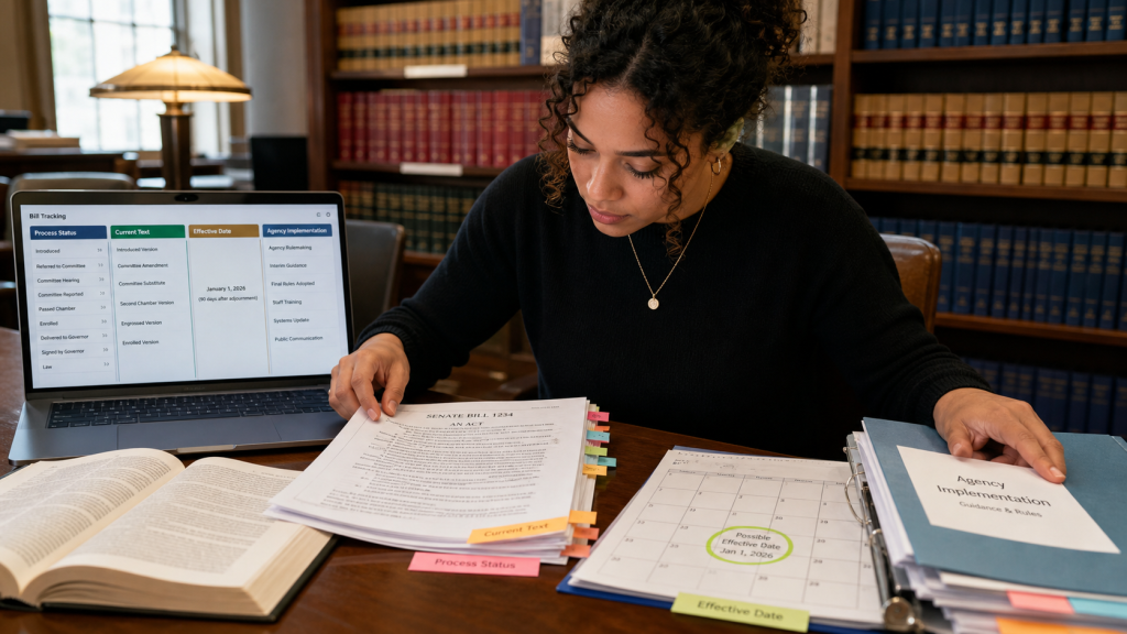 Civic researcher compares a bill process text effective date and agency implementation