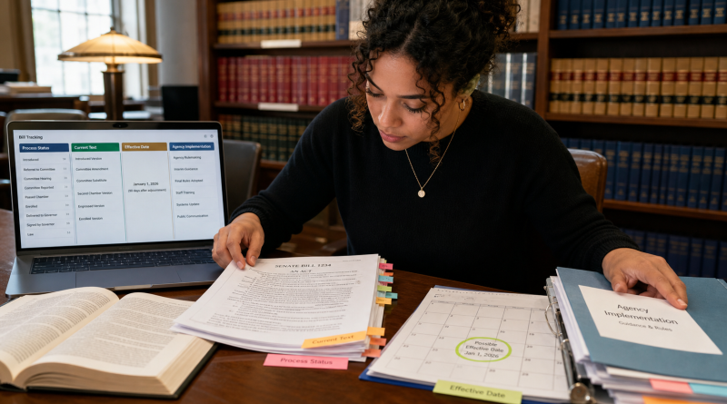Civic researcher compares a bill process text effective date and agency implementation