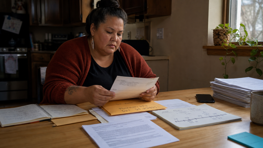 Woman organizes a legal notice timeline and documents before taking action