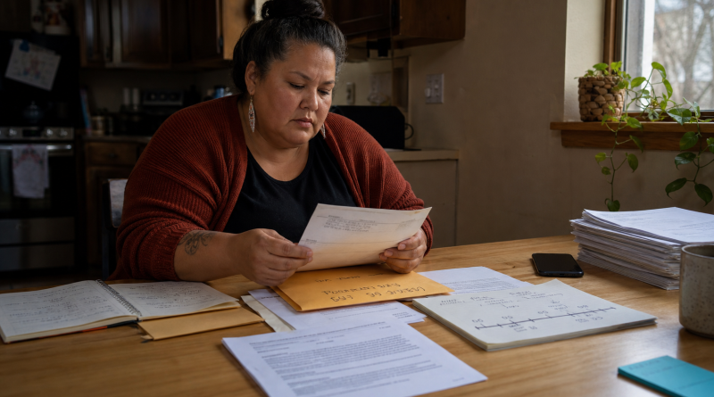 Woman organizes a legal notice timeline and documents before taking action