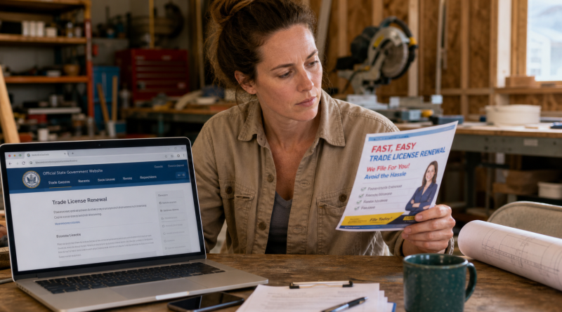 Contractor compares an official state license page with a private filing service mailer