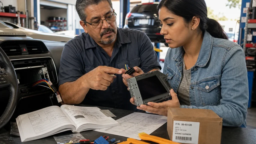 Vehicle owner and installer comparing an aftermarket dashboard accessory connector with a wiring diagram