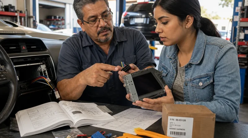 Vehicle owner and installer comparing an aftermarket dashboard accessory connector with a wiring diagram