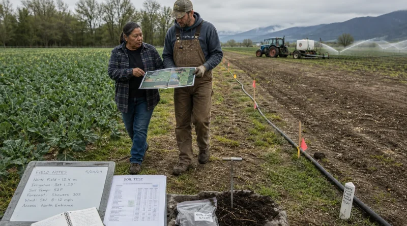 Farm owner and agricultural contractor reviewing field boundaries, soil conditions, access, and service scope