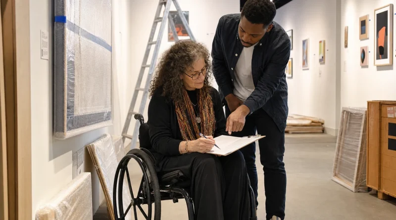 Artist reviewing a gallery agreement with a gallery manager during an exhibition installation