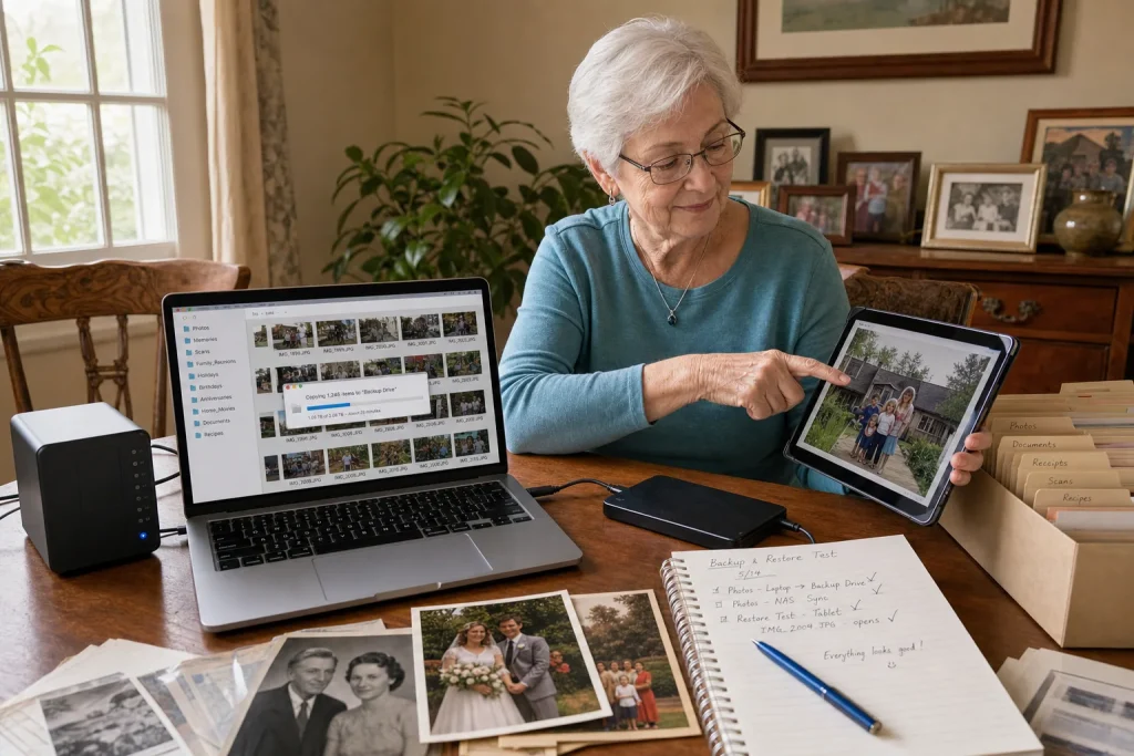 An older woman backing up family photographs and verifying a restored file on a second device