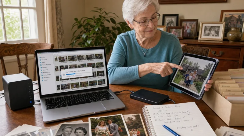 An older woman backing up family photographs and verifying a restored file on a second device