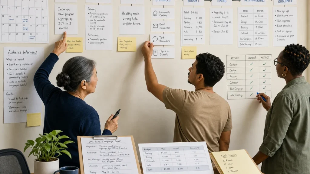 Campaign team connecting objective, audience, message, channels, budget, timing, owners, and measurable outcomes