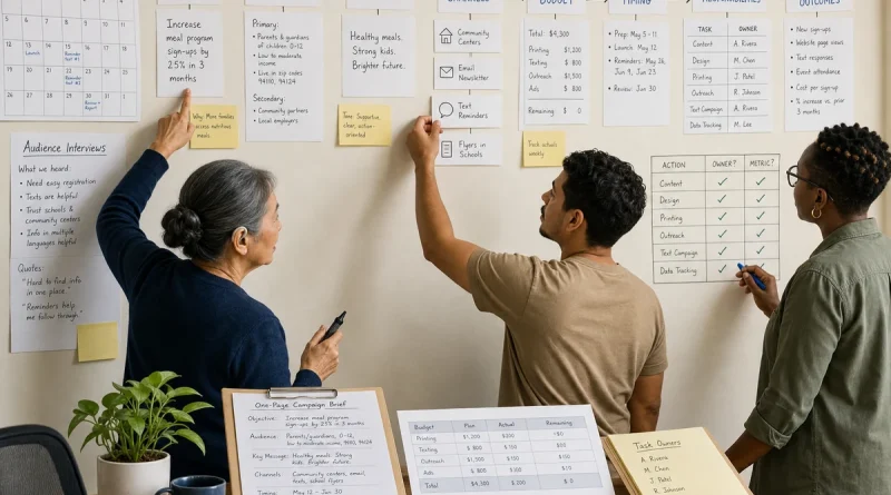 Campaign team connecting objective, audience, message, channels, budget, timing, owners, and measurable outcomes