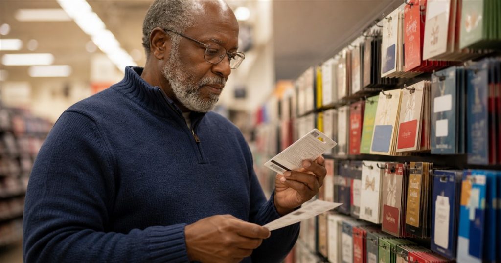 Shopper inspecting a gift card package and keeping the purchase receipt