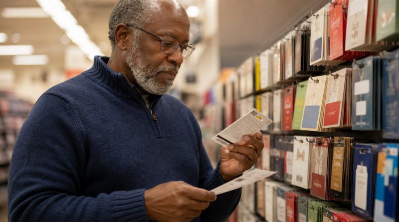 Shopper inspecting a gift card package and keeping the purchase receipt