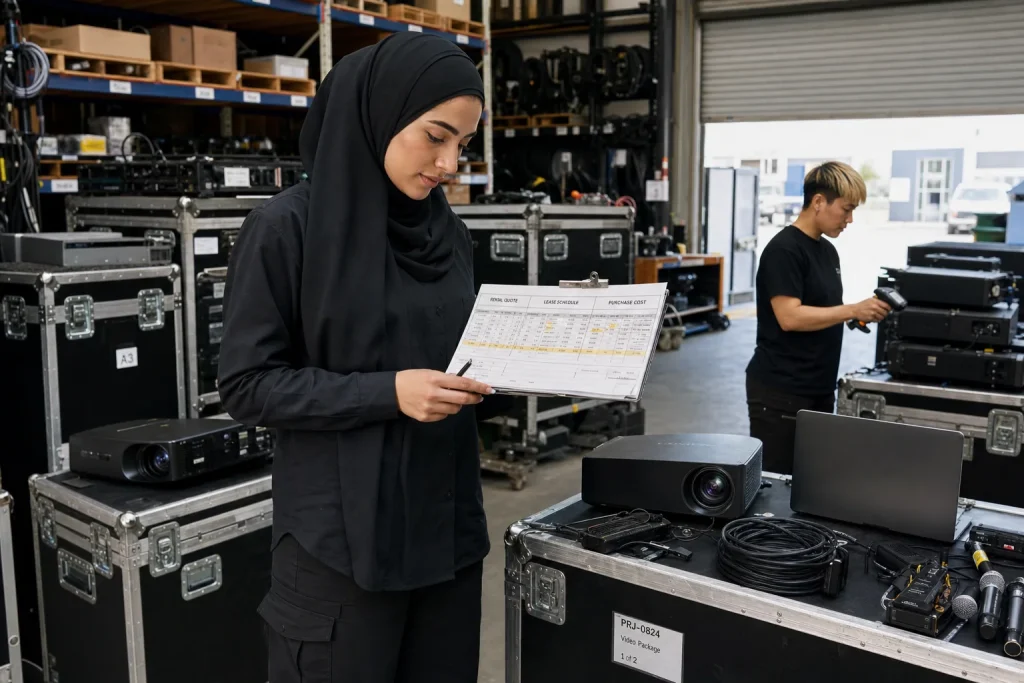 An event-production business owner comparing rental, lease, and purchase costs while inventorying technology equipment