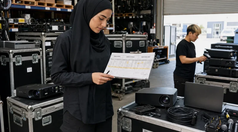 An event-production business owner comparing rental, lease, and purchase costs while inventorying technology equipment